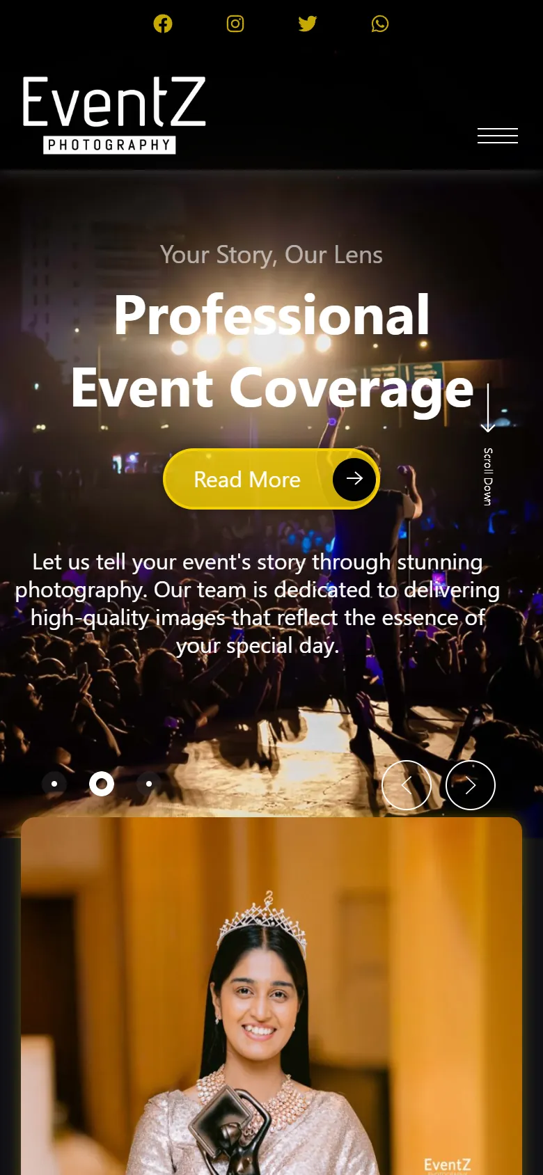 Eventz Photography website, mobile view