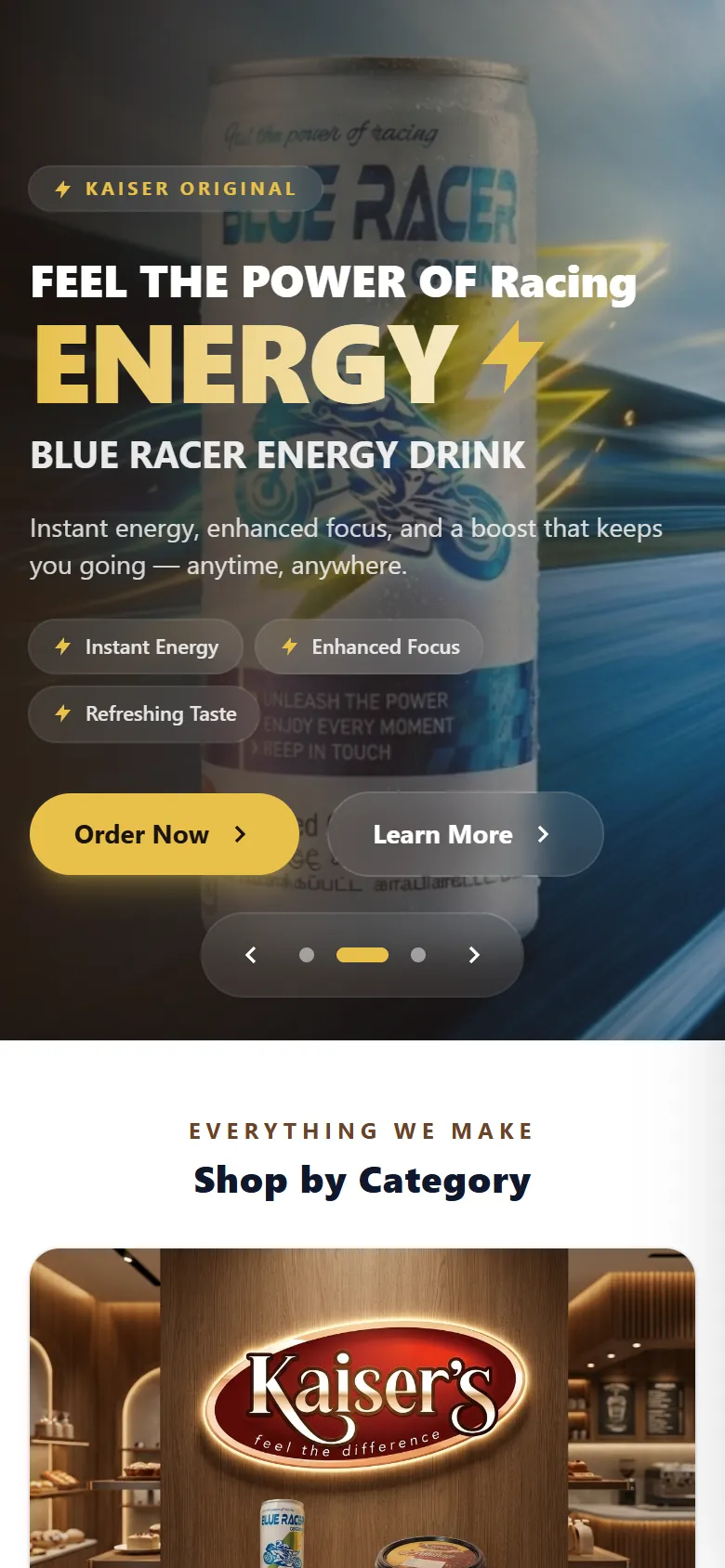 Kaiser Food Products website, mobile view